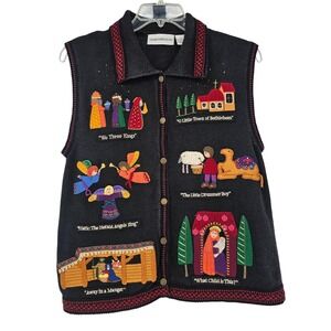 Vintage Nativity Christmas Carol Sweater Vest XL Black Linen Cotton Art to Wear